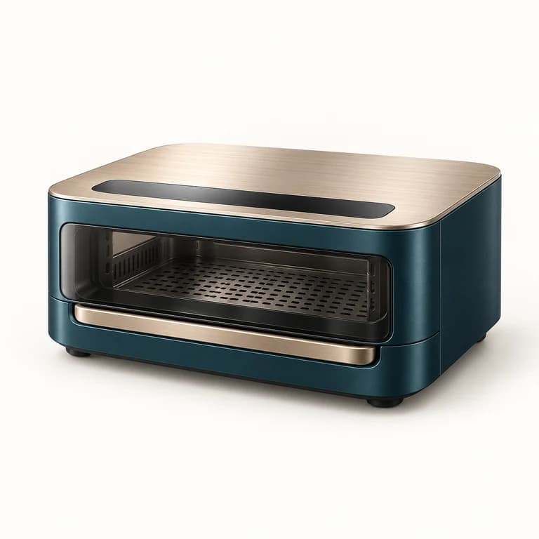 AI-generated category illustration: contemporary petrol and champagne windowed air fryer