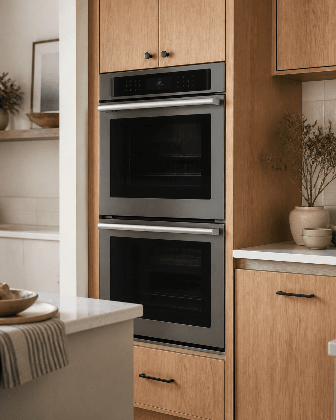 Illustrative built-in kitchen setting with wall ovens