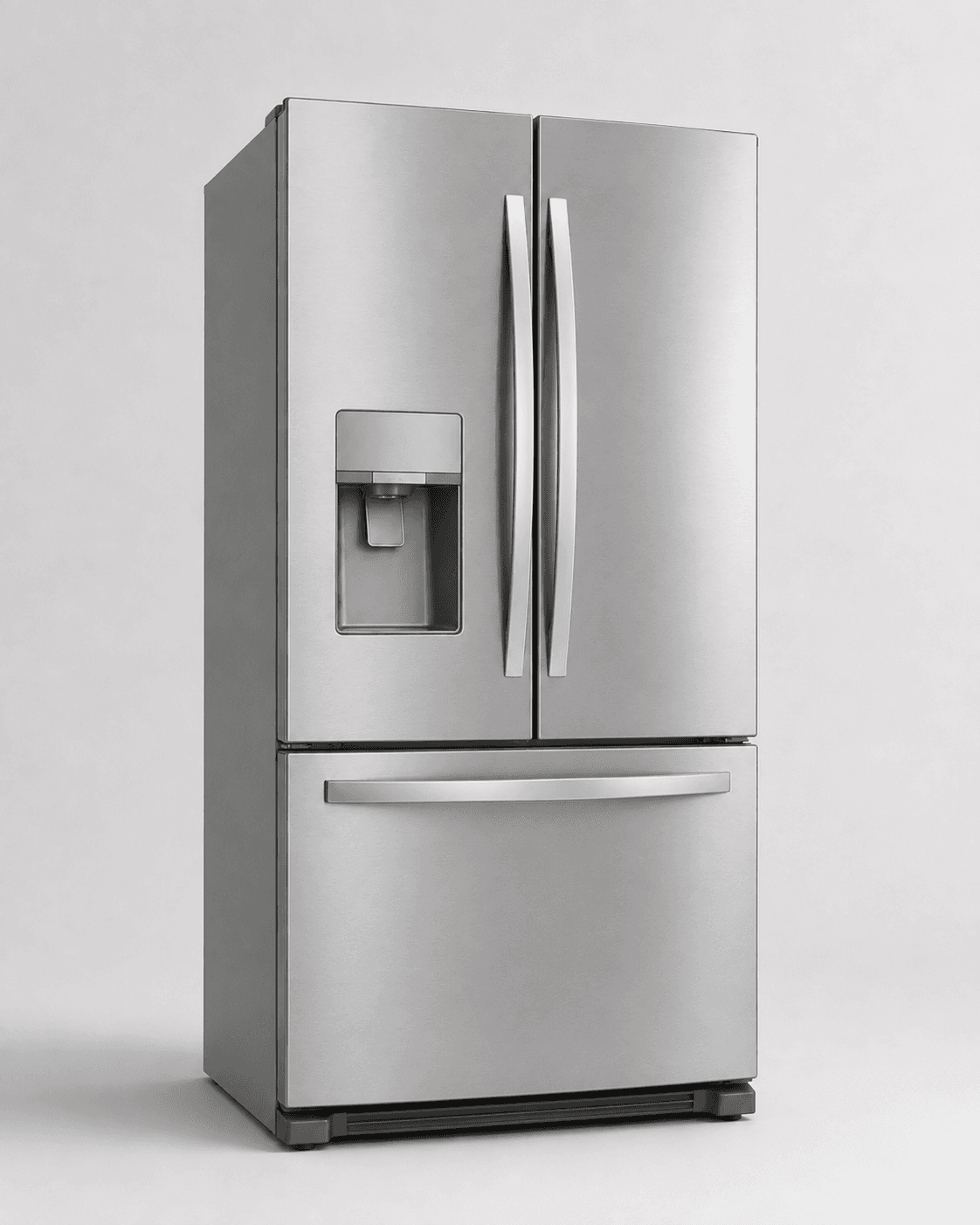 Generic French-door refrigerator with an external dispenser illustration; not an exact model image