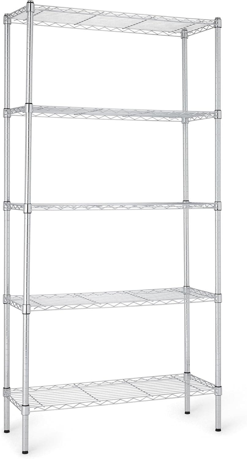 Amazon Basics five-shelf chrome wire rack with leveling feet on white.