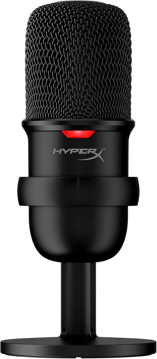 Black HyperX SoloCast microphone with its desk stand on a white background.