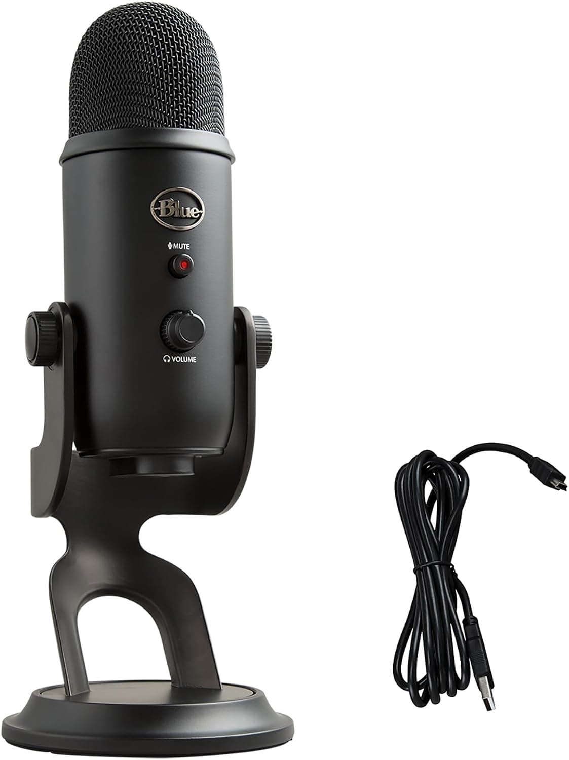 Blackout Blue Yeti microphone on its desk stand with a USB cable on a white background.
