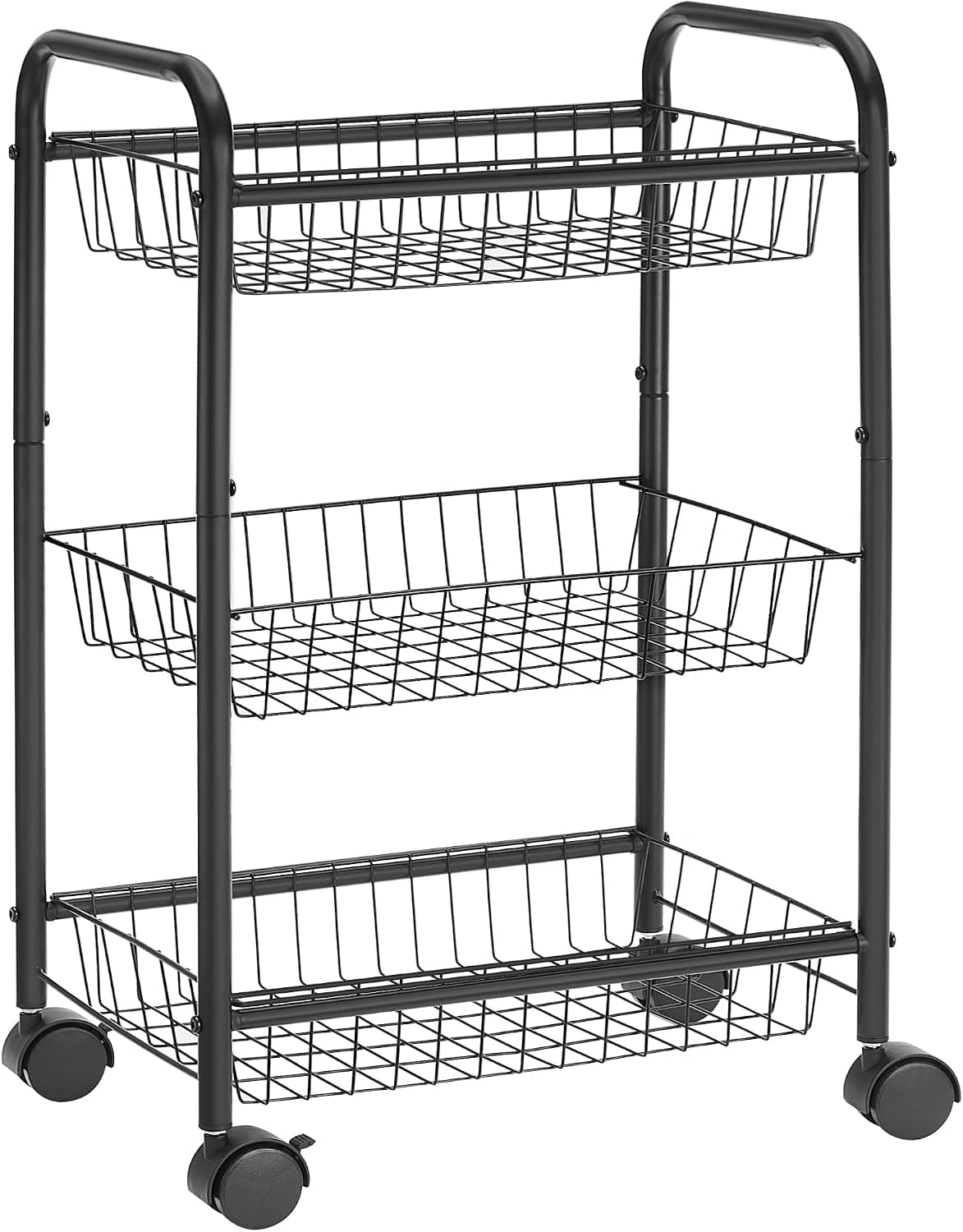 Complete black three-basket SONGMICS rolling cart, with handles and four wheels, isolated on white without props, packaging or text overlays.