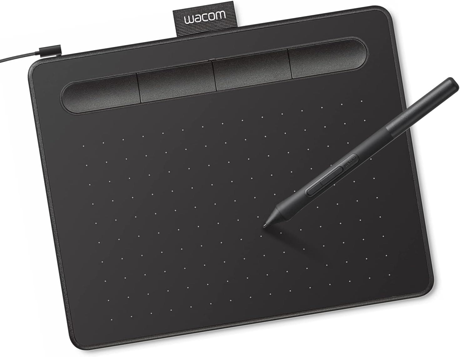 Black Wacom Intuos Small wired pen tablet and pen on a white background.