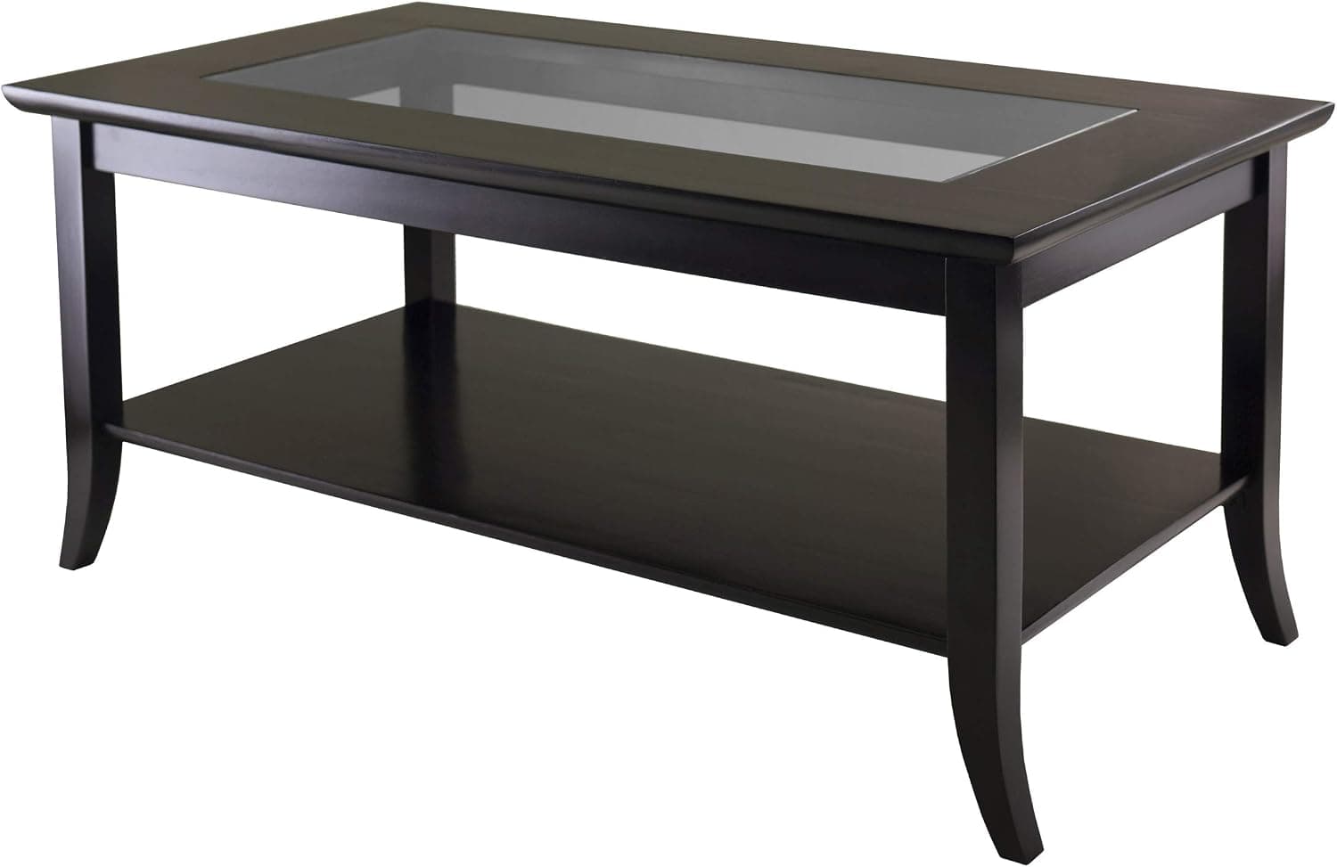 Espresso Winsome Genoa coffee table with glass inset and open lower shelf on white.