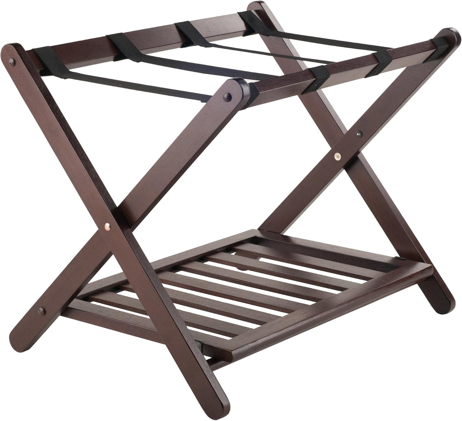 Cappuccino Winsome folding luggage rack with black nylon straps and lower shelf on white.