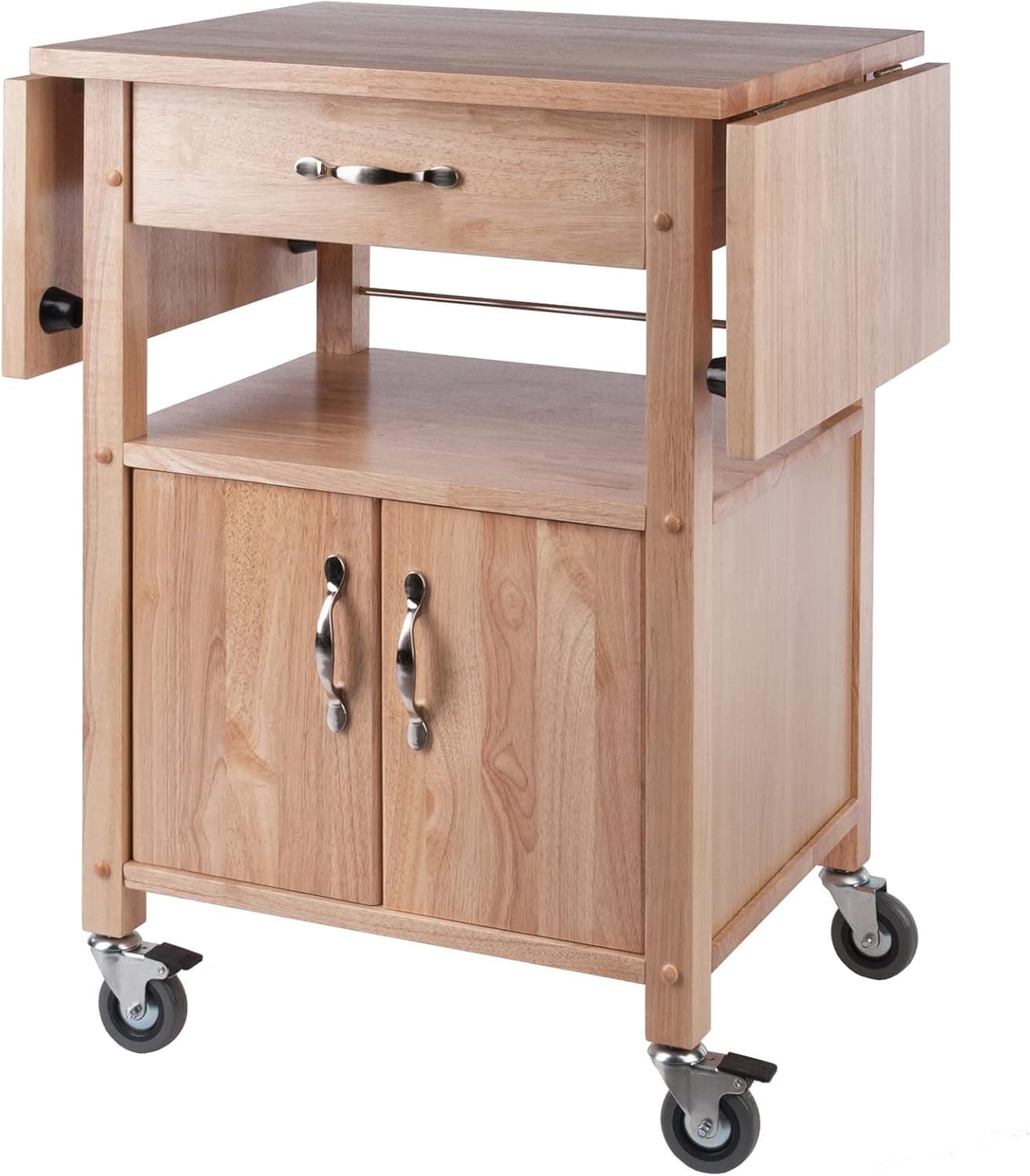 Natural Winsome Rachael kitchen cart with folded drop leaves, drawer, cabinet and caster wheels on white.