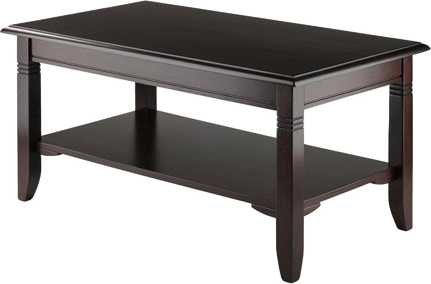 Cappuccino Winsome Nolan rectangular coffee table with lower shelf on white.