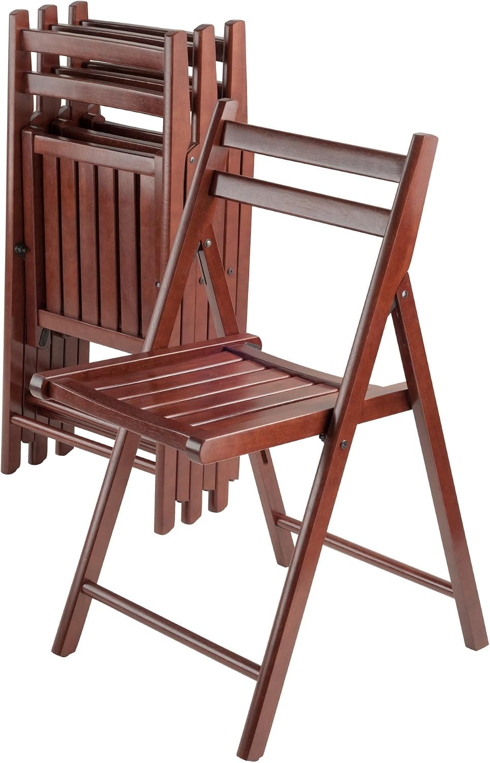 Four walnut Winsome Robin folding chairs, with one opened and three folded, on white.