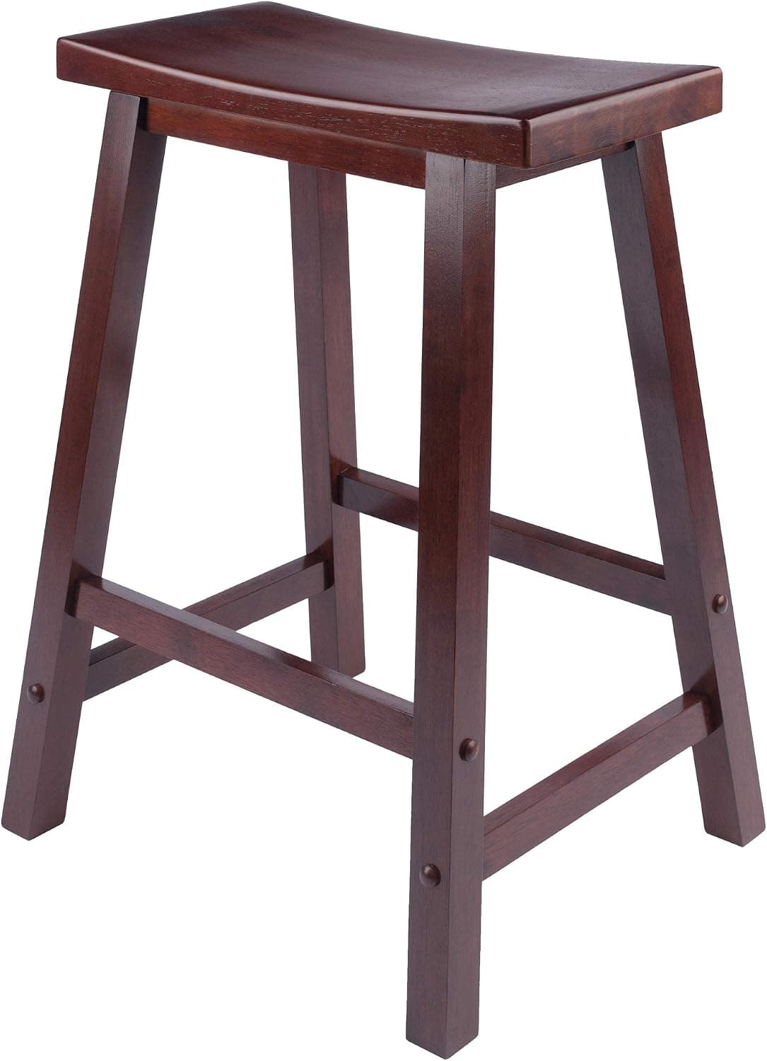 Walnut Winsome Satori backless saddle-seat counter stool on white.