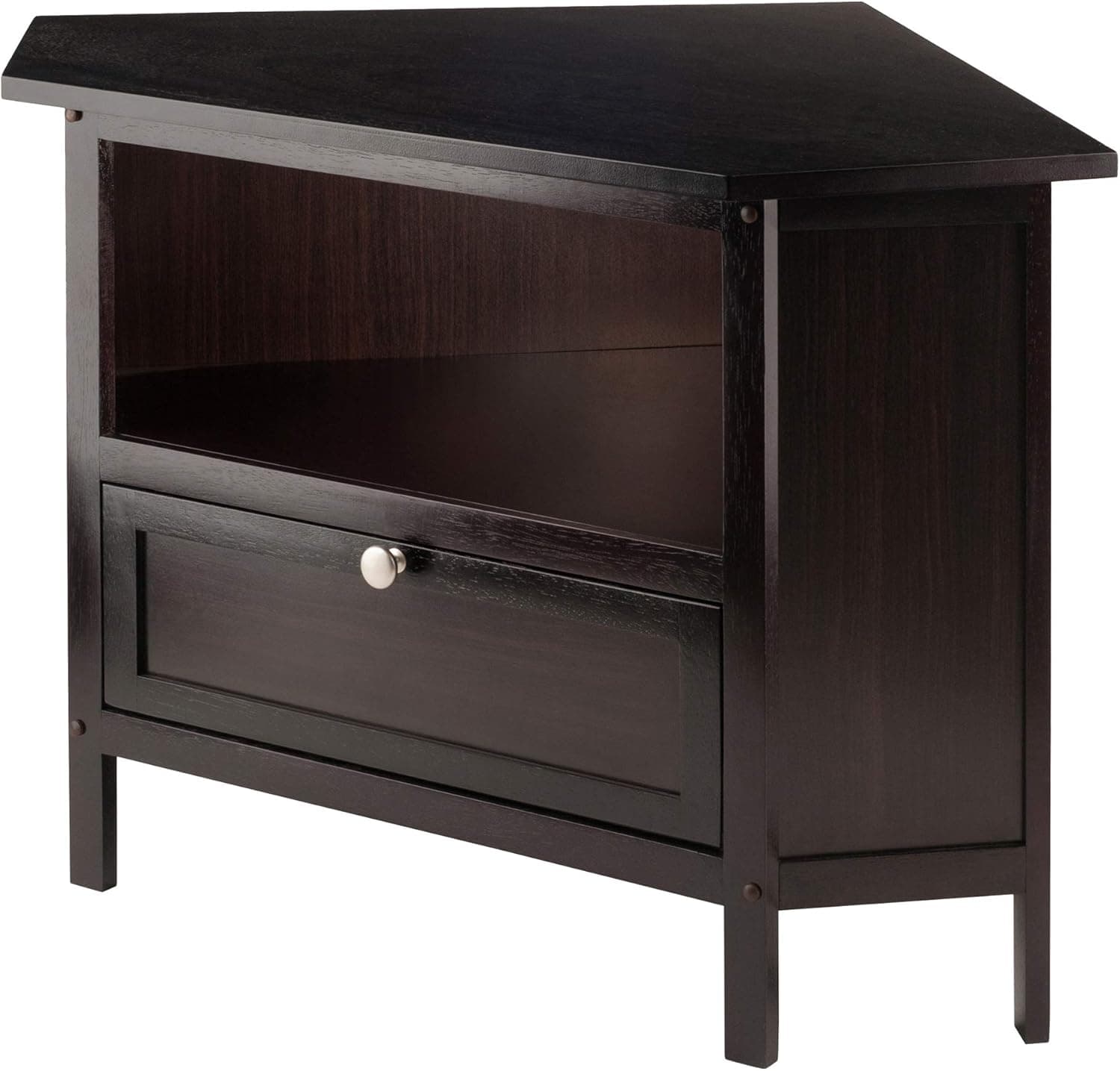 Espresso Winsome Zena corner TV stand with open shelf and lower compartment on white.