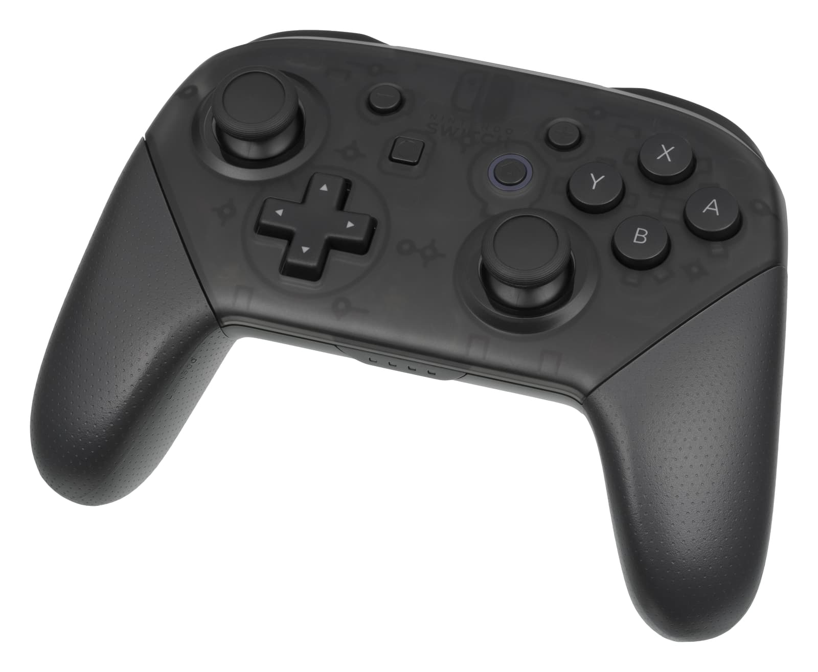 One original-generation black Nintendo Switch Pro Controller with offset sticks and translucent shell isolated on a white background.