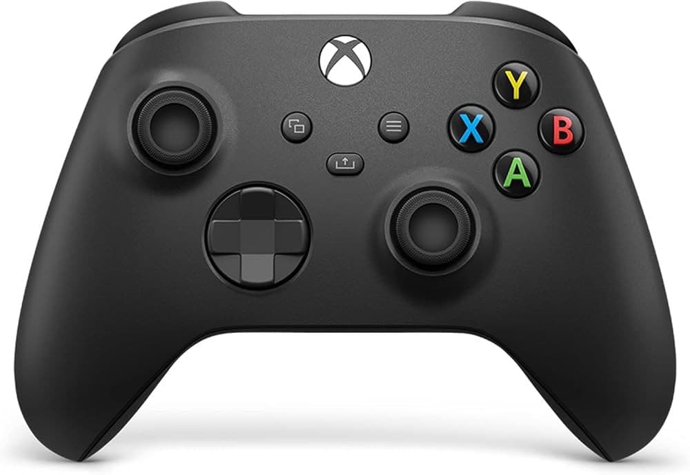 Carbon Black Xbox Wireless Controller with offset sticks, hybrid directional pad and Share button on a white background.