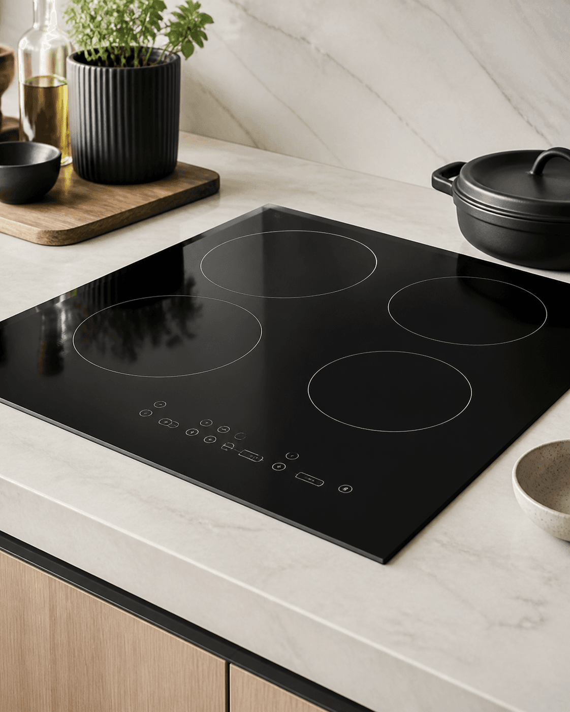 Illustrative built-in cooktop in a refined kitchen setting