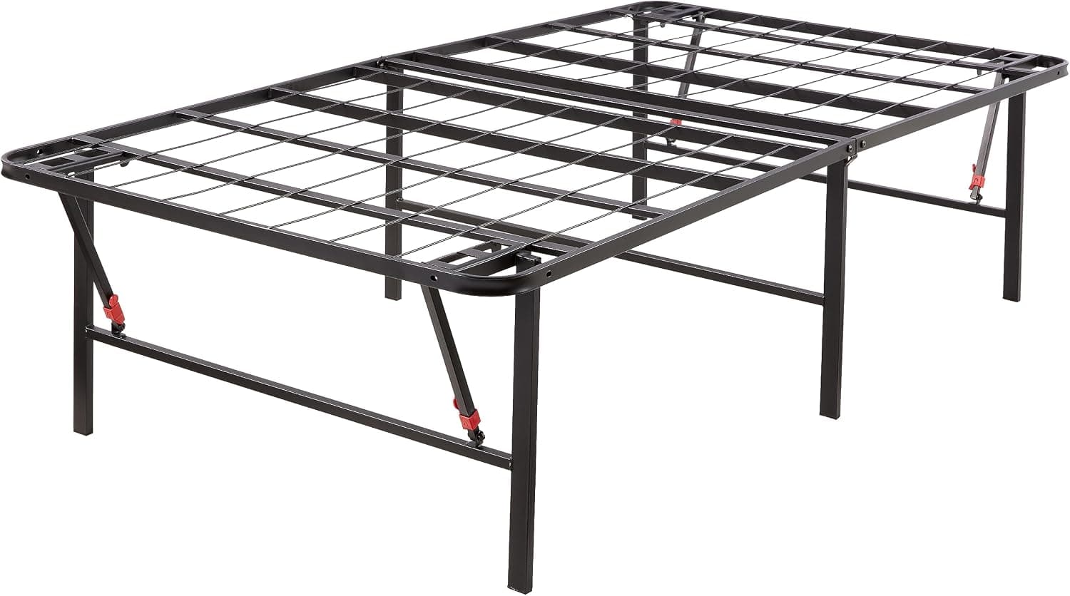 Exact Amazon.ca photo shows the complete black steel folding twin platform with cross wires, centre hinge and red leg-lock clips against white.