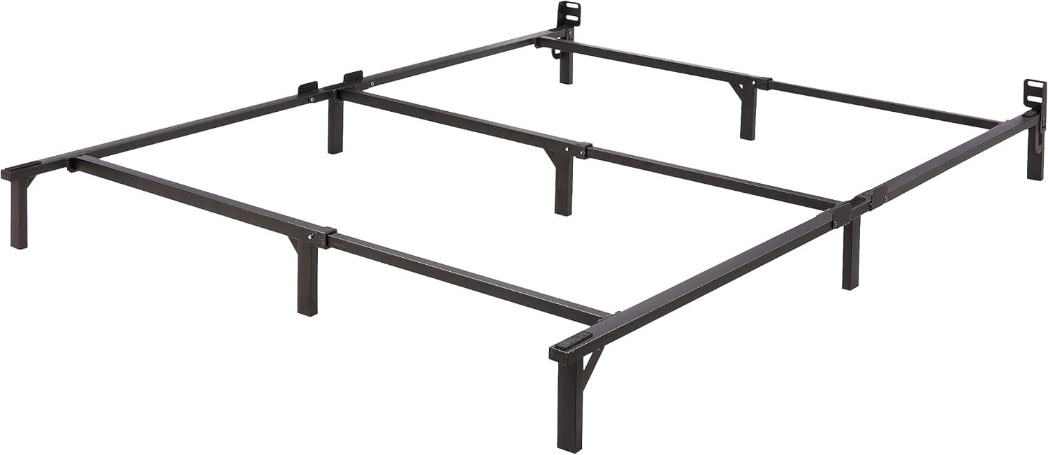 Exact Amazon.ca image shows the complete black queen steel frame with its nine legs and centre rail, without mattress or box spring, on white.