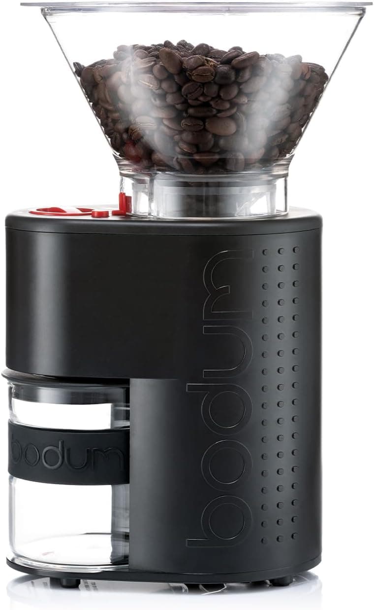 Bodum Bistro 10903-01US-3 Electric Burr Coffee Grinder, Black on a white background.