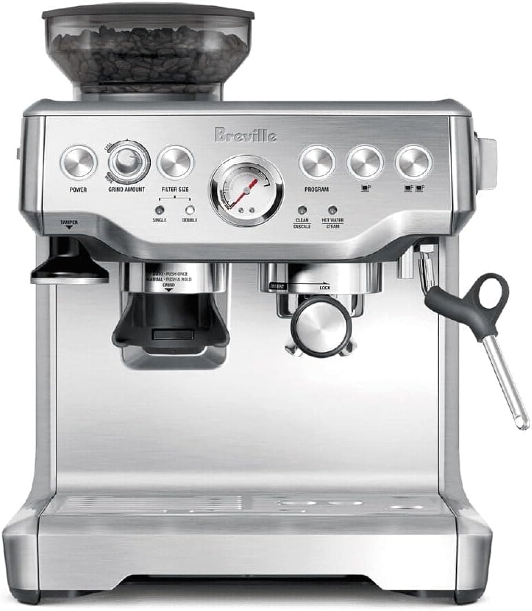 Breville Barista Express BES870XL Espresso Machine, Brushed Stainless Steel on a white background.