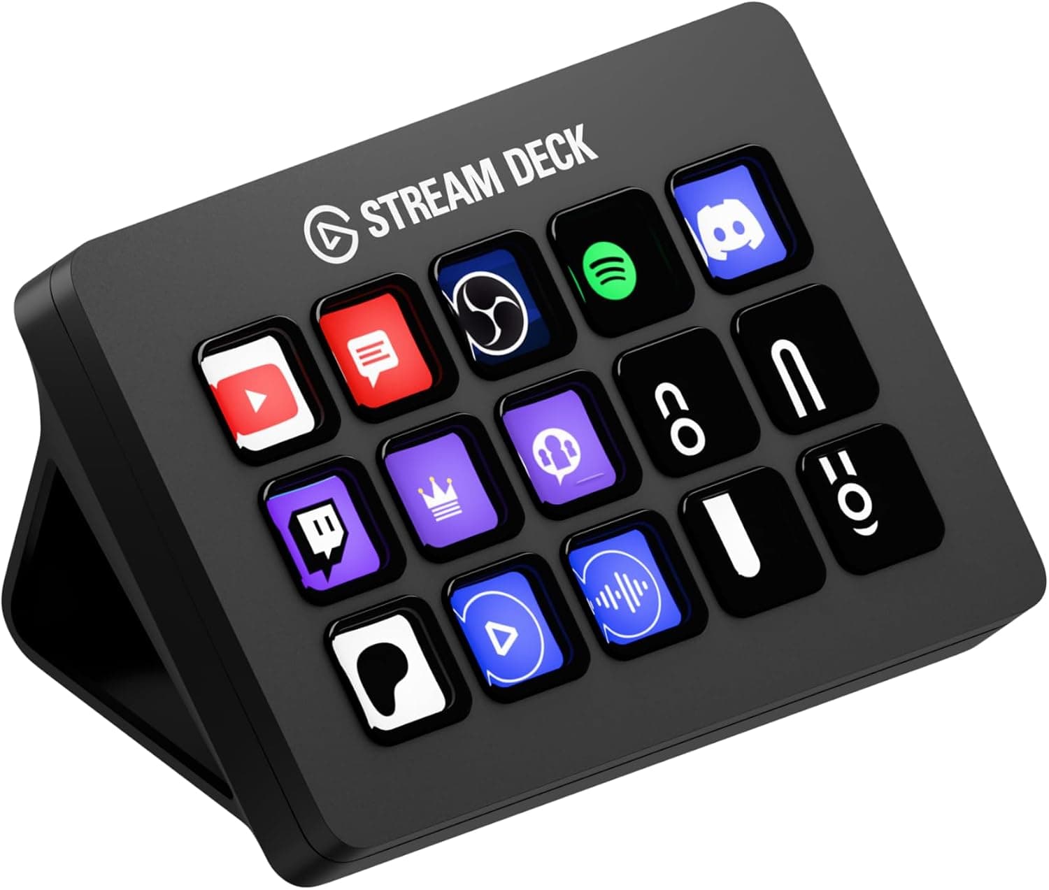 Black Elgato Stream Deck MK.2 with 15 illuminated LCD keys and stand on a white background.