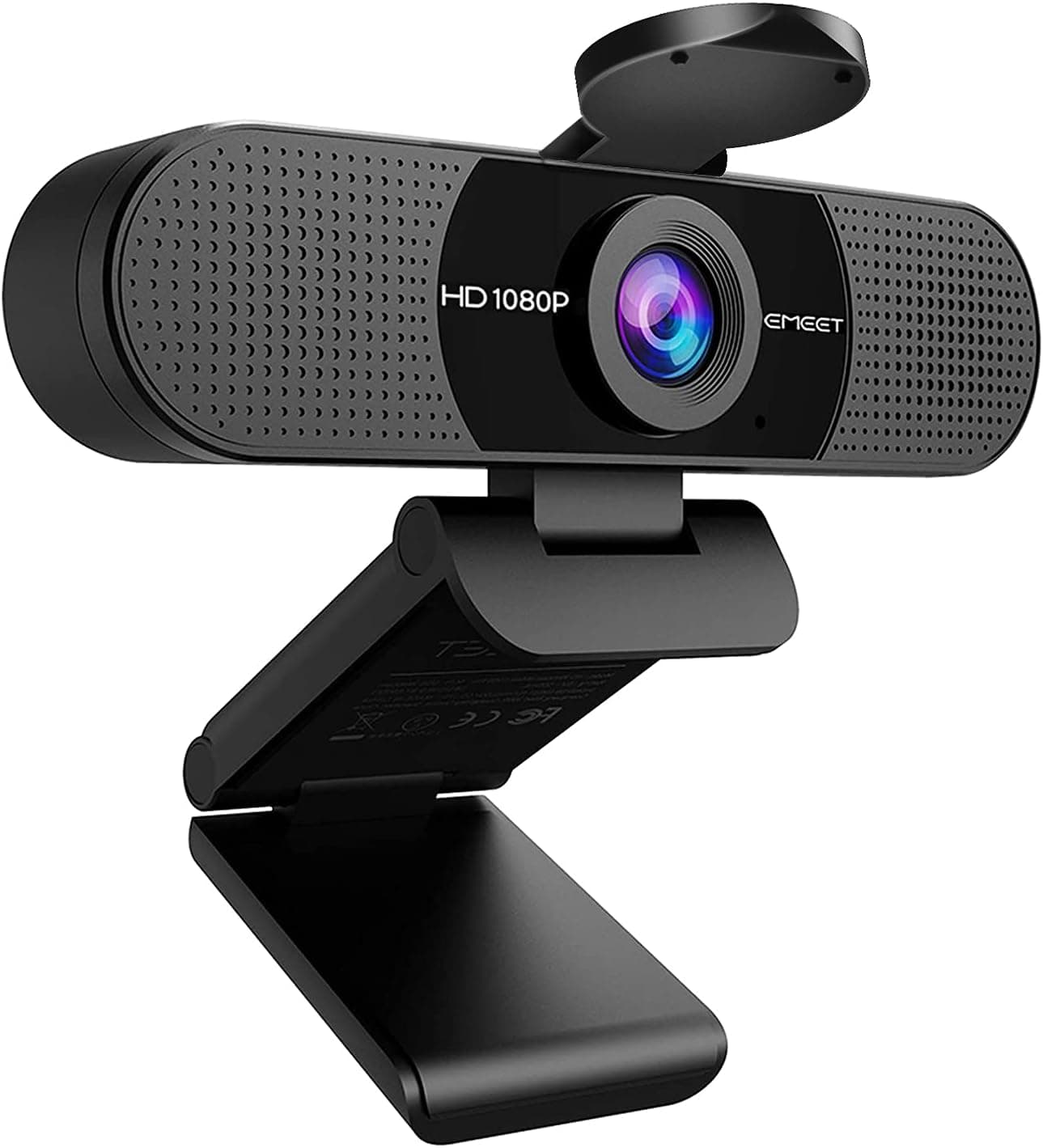 Black EMEET C960 webcam with its privacy cover raised and complete mounting clip on a white background.