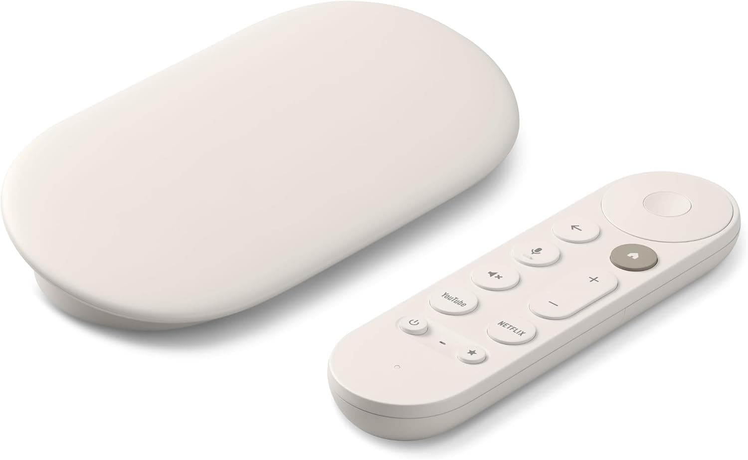 Porcelain Google TV Streamer and matching voice remote on a white background.