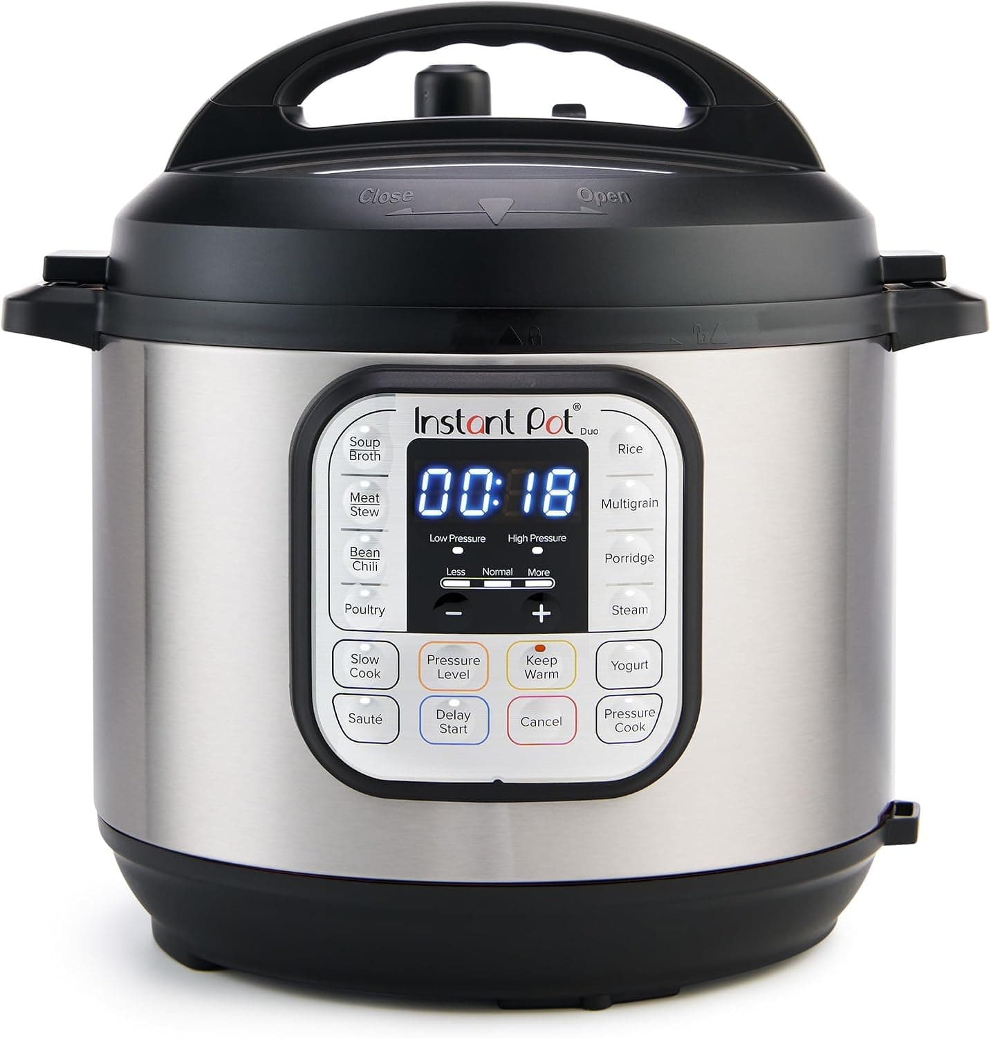 Instant Pot Duo 7-in-1 Electric Pressure Cooker, 6 Quart, Stainless Steel/Black (IP-DUO60) on a white background.