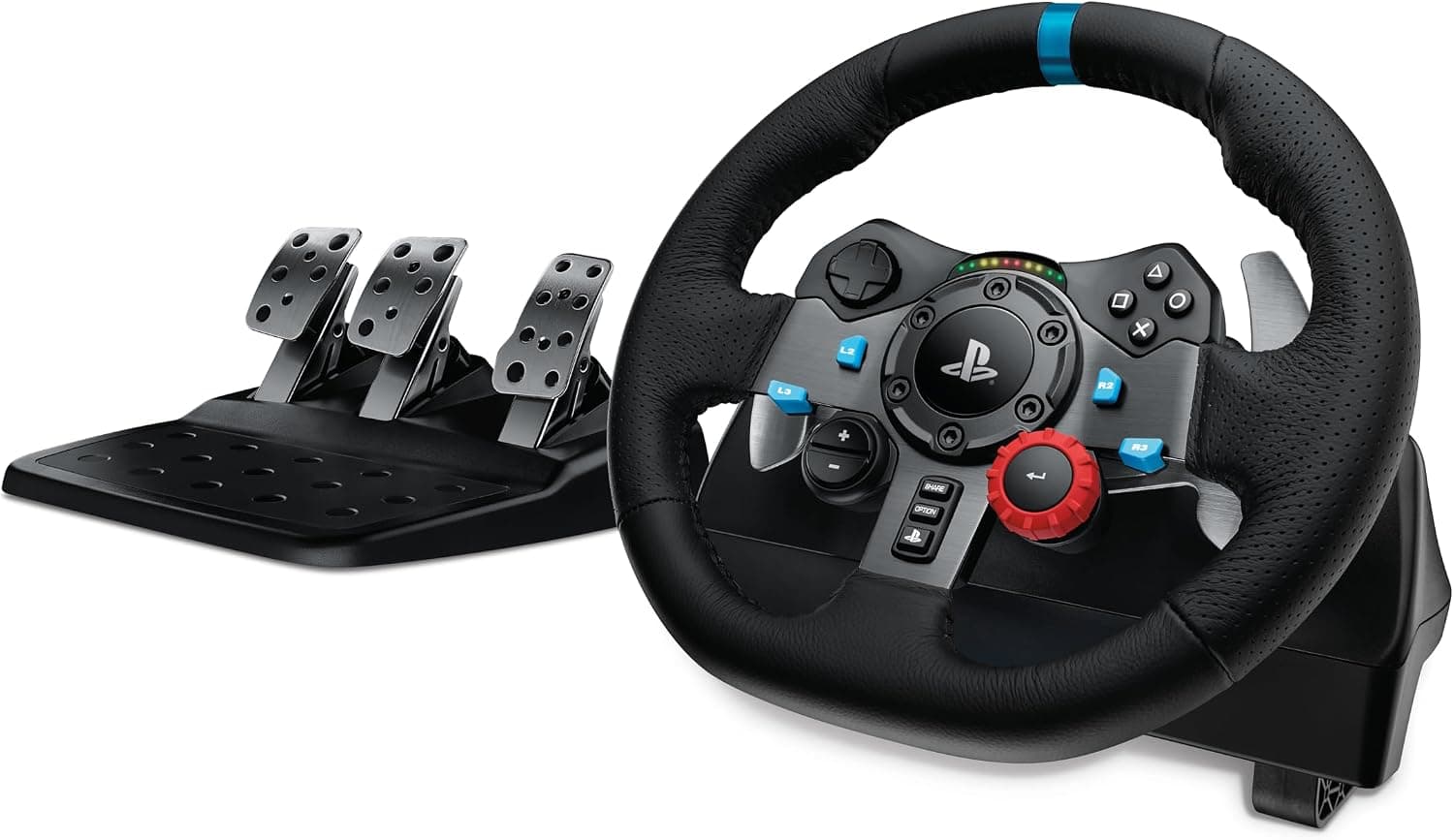 Logitech G29 PlayStation racing wheel and its three-pedal unit on a white background.