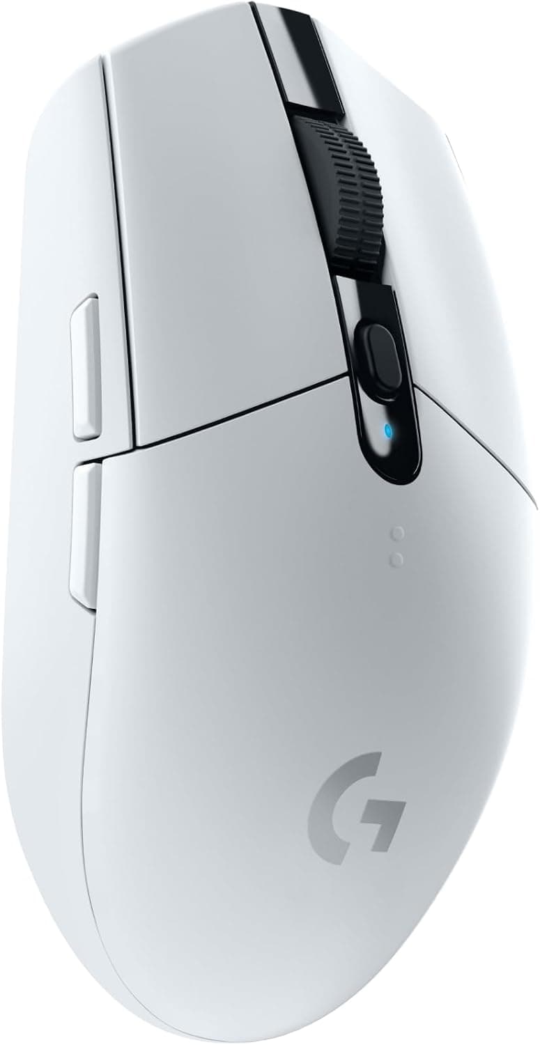 White Logitech G305 wireless mouse on a white background.