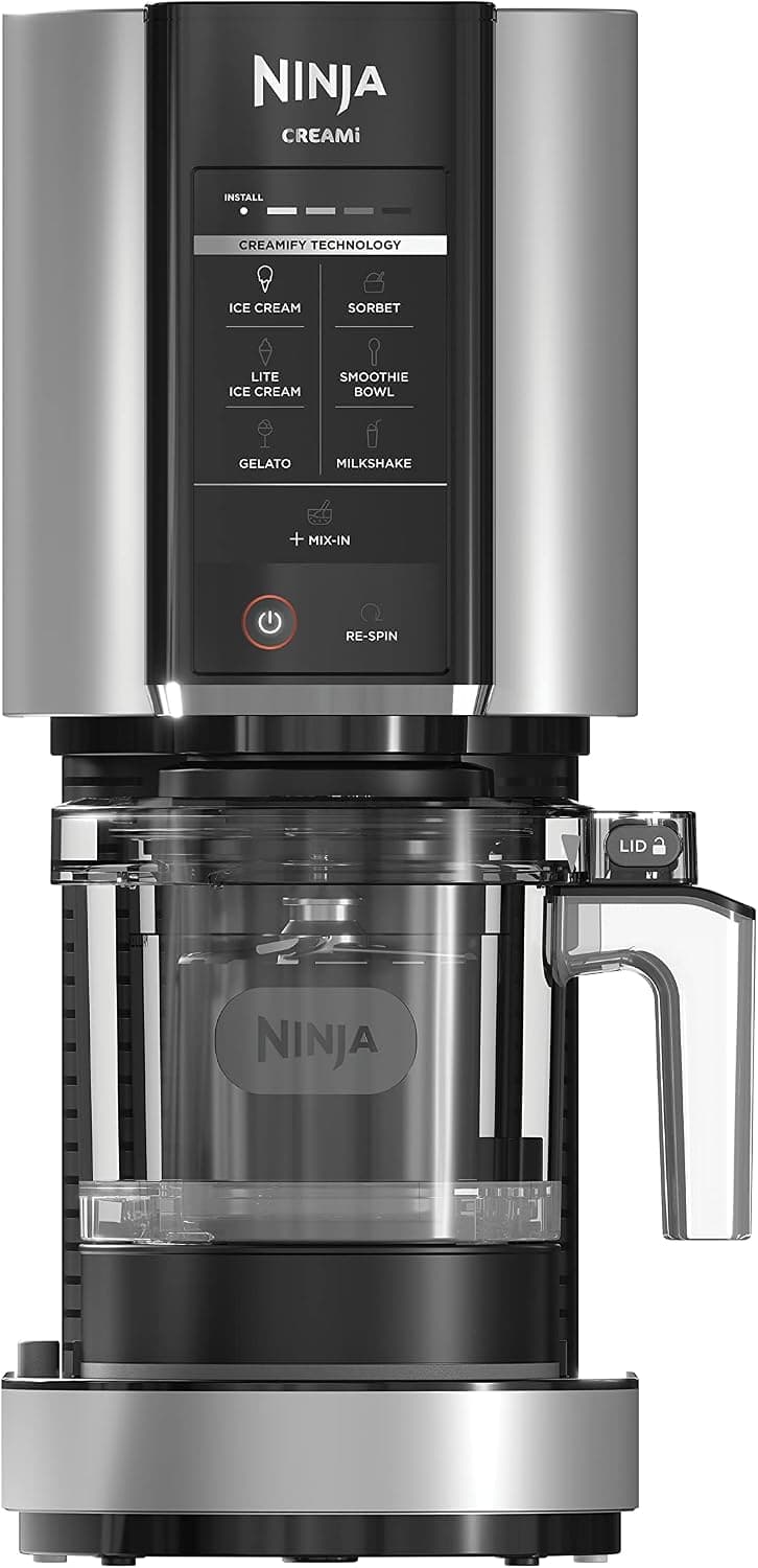 Ninja CREAMi 7-in-1 Ice Cream Maker, Black on a white background.