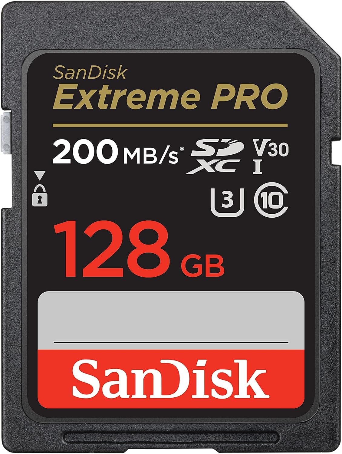 One SanDisk Extreme PRO 128GB SDXC card marked 200 MB/s, U3 and V30 on a white background.