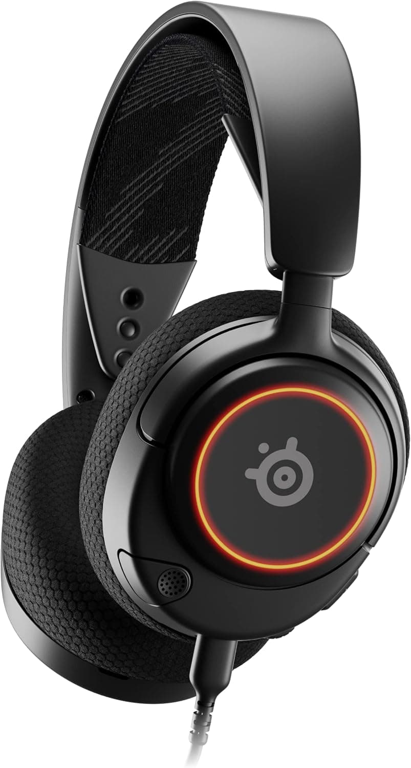 Black SteelSeries Arctis Nova 3 wired headset with illuminated RGB earcup ring on a white background.