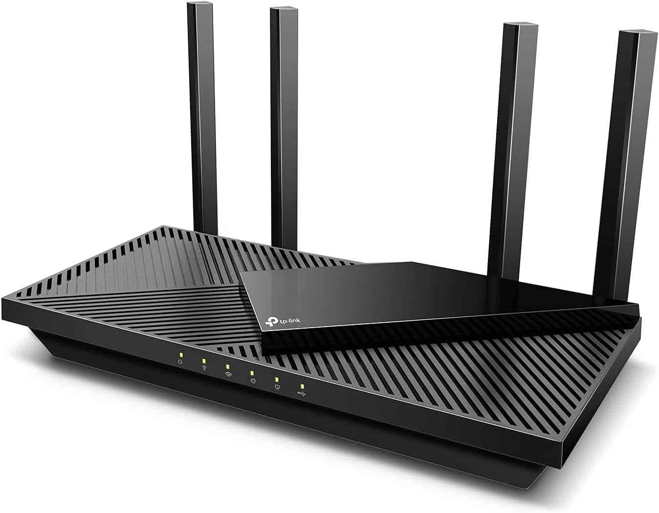 Black TP-Link Archer AX55 router with four upright antennas on a white background.