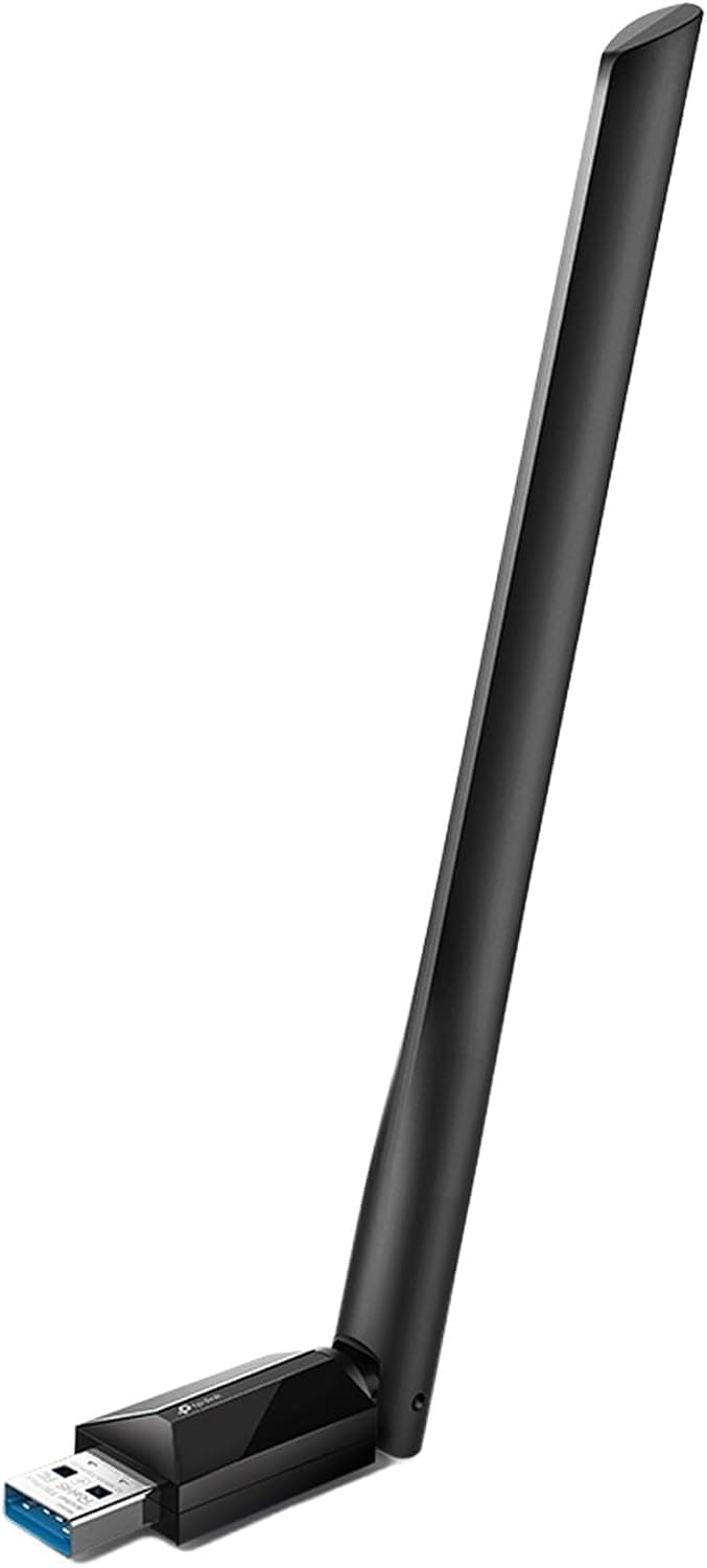 Complete black TP-Link Archer T3U Plus USB Wi-Fi adapter with raised antenna on a white background.