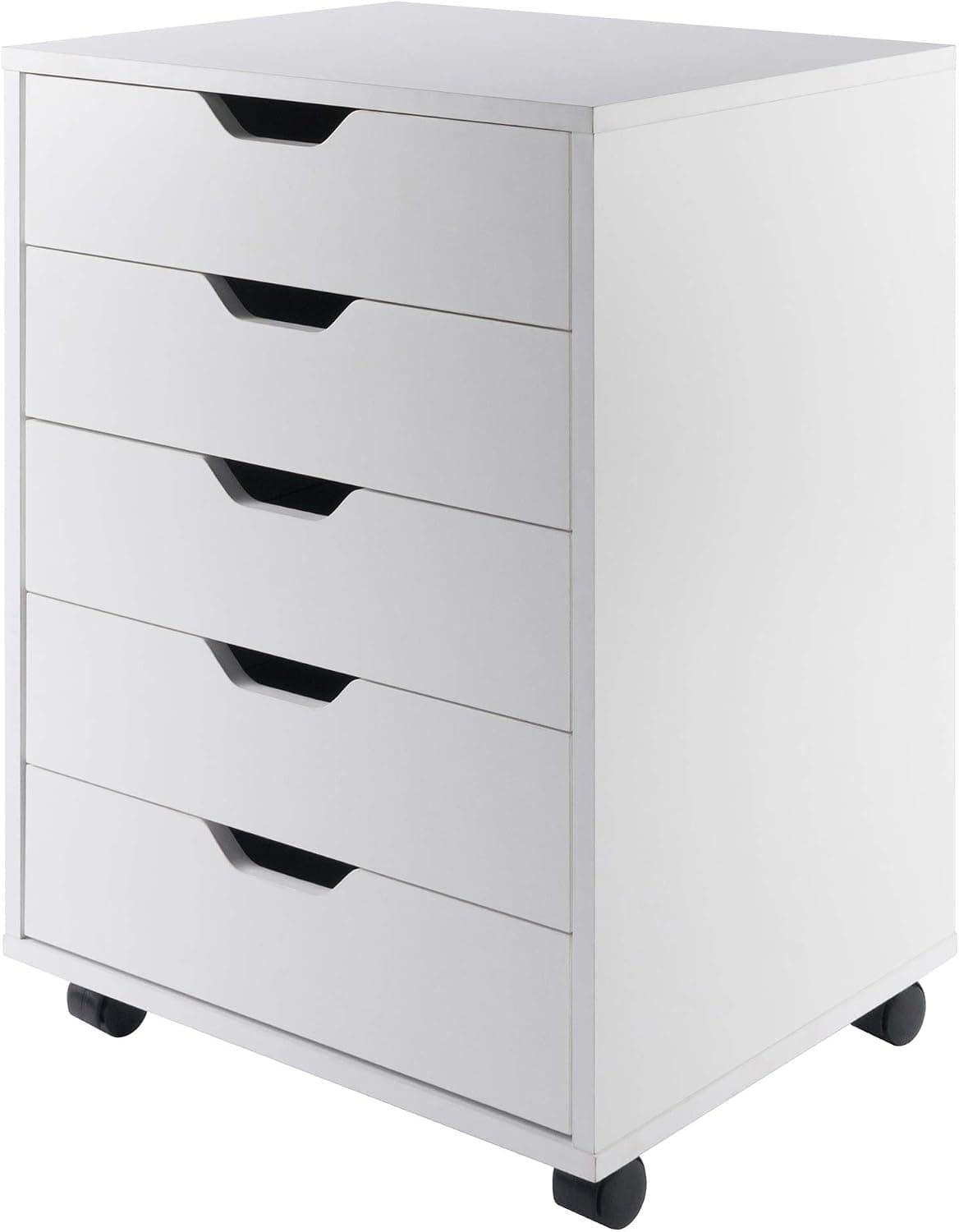 White Winsome Halifax five-drawer cabinet on caster wheels against white.