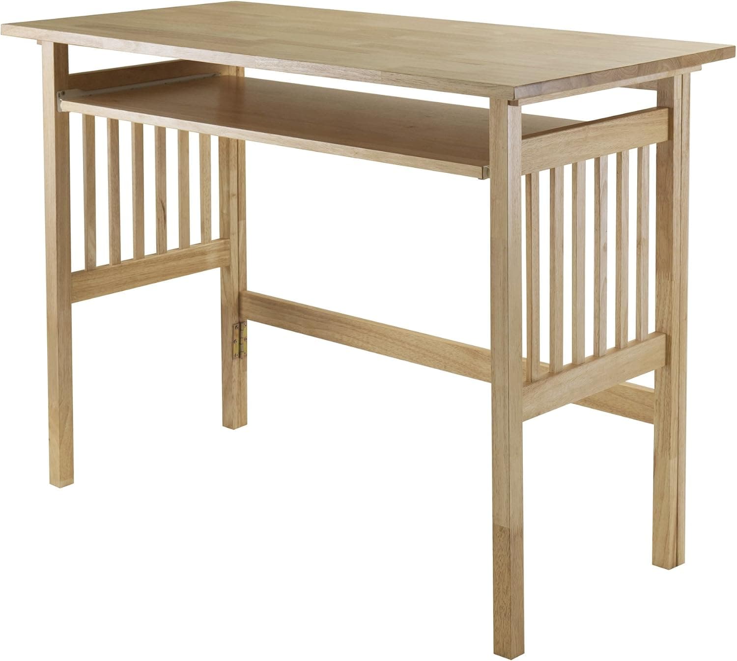 Natural wood Winsome Mission folding computer desk with keyboard tray on white.