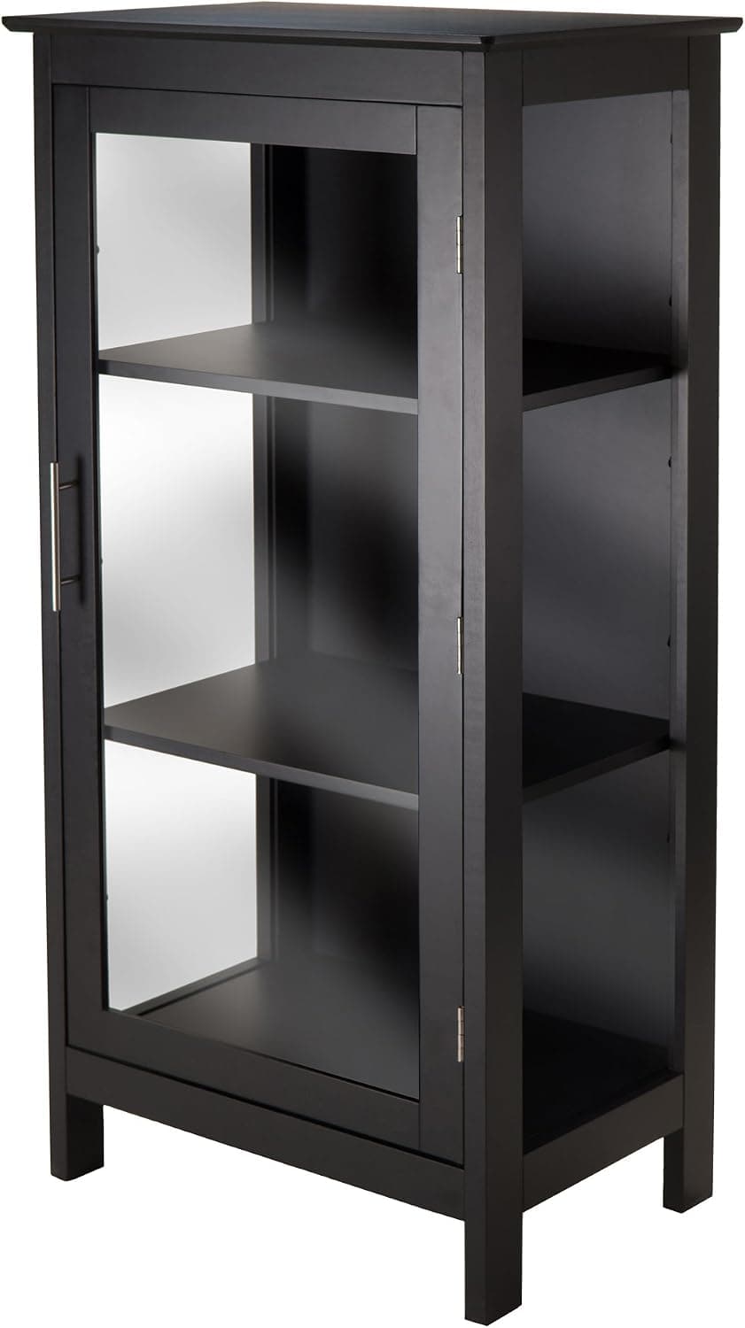Black Winsome Poppy display cabinet with empty shelves and glass door on white.
