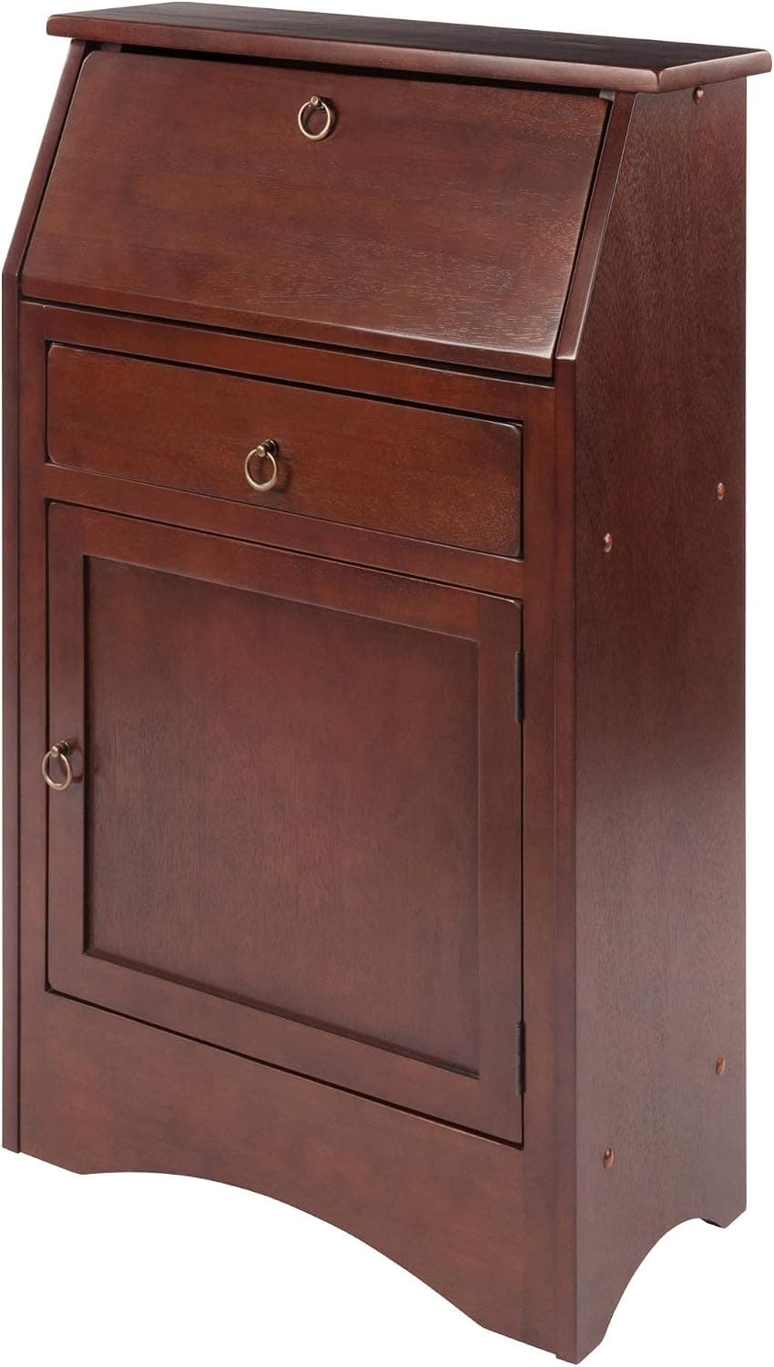 Walnut Winsome Regalia secretary desk with closed fold-down surface, drawer and cabinet on white.
