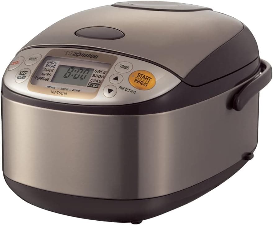 Zojirushi NS-TSC10 Micom Rice Cooker and Warmer, 5.5-Cup Uncooked, Stainless Brown on a white background.