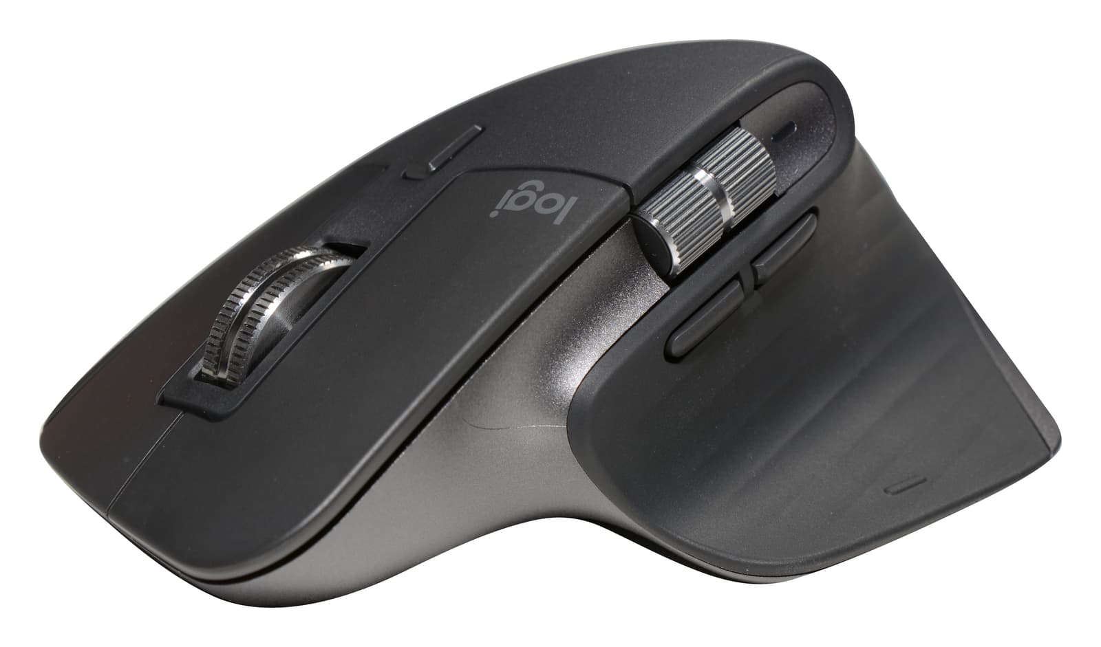 Graphite Logitech MX Master 3S mouse showing its vertical scroll wheel and thumb wheel, isolated on a white background; receiver and cable not pictured.