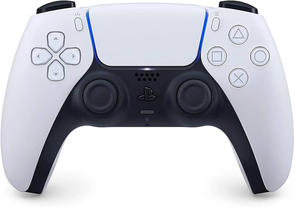 White-and-black Sony PlayStation DualSense wireless controller on a white background, showing its touchpad, thumbsticks, directional pad and translucent face buttons.