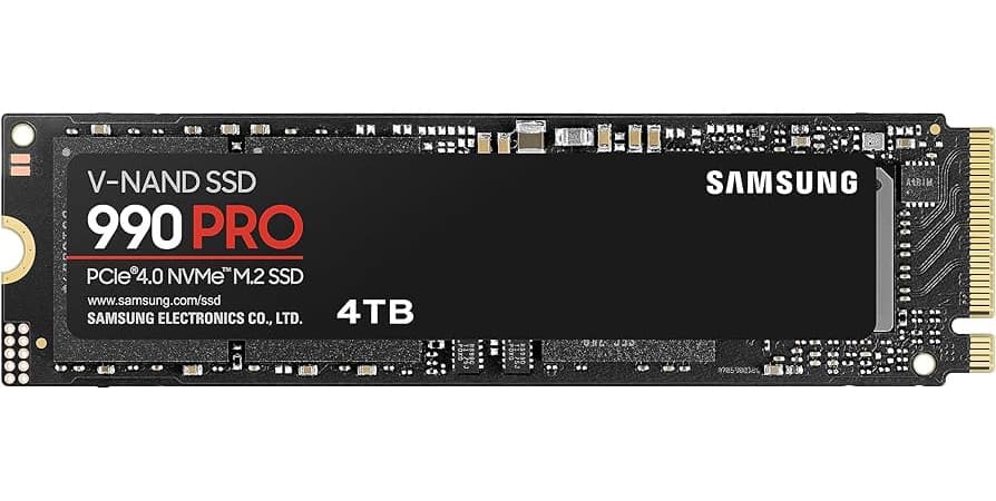 Bare Samsung 990 PRO 4TB M.2 SSD on a white background, showing its Samsung 990 PRO 4TB label and gold connector contacts; no heatsink.