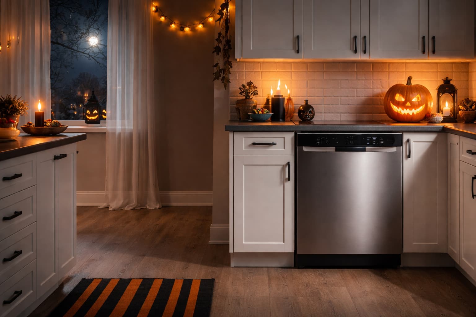AI-generated Halloween dishwasher editorial concept; not an exact product photograph.