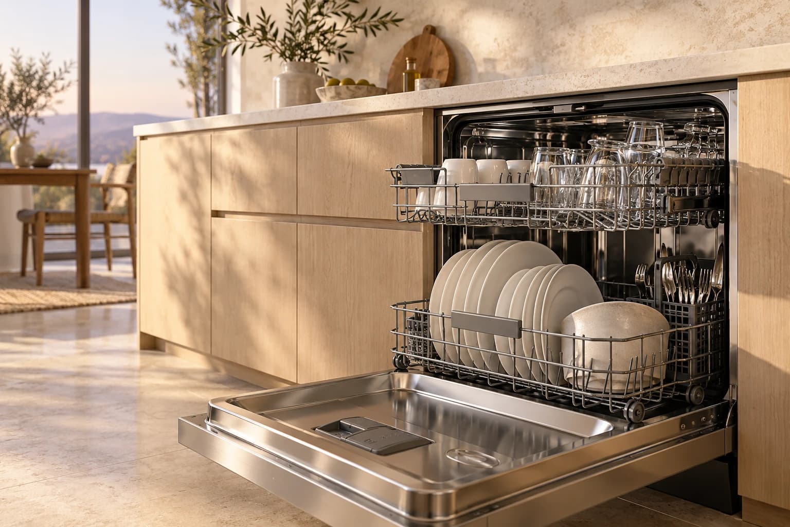 Generic dishwasher with open racks in a warm contemporary kitchen
